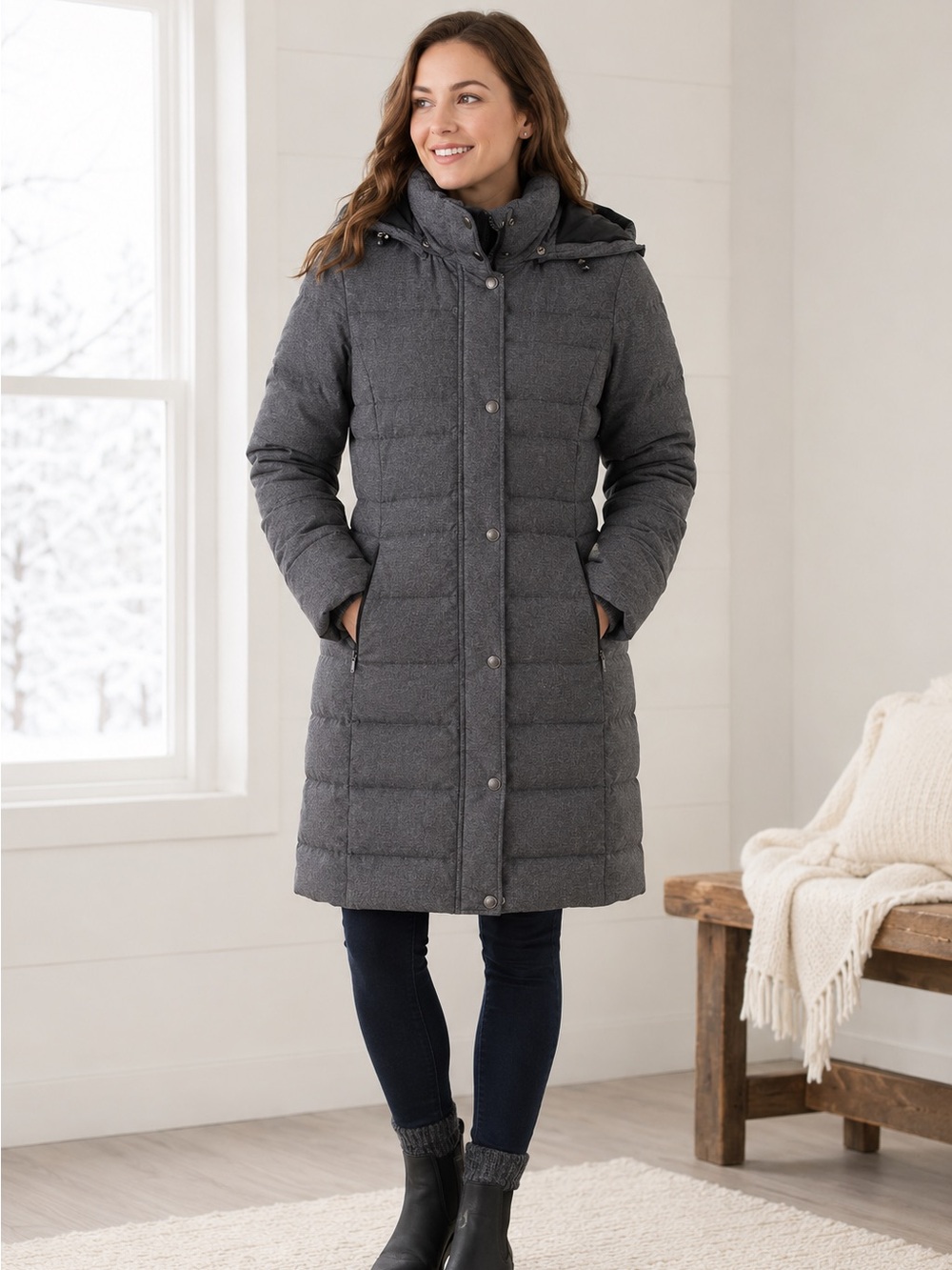 Lands’ End Women’s Small Gray Down Puffer Parka Hooded Long Winter Coat